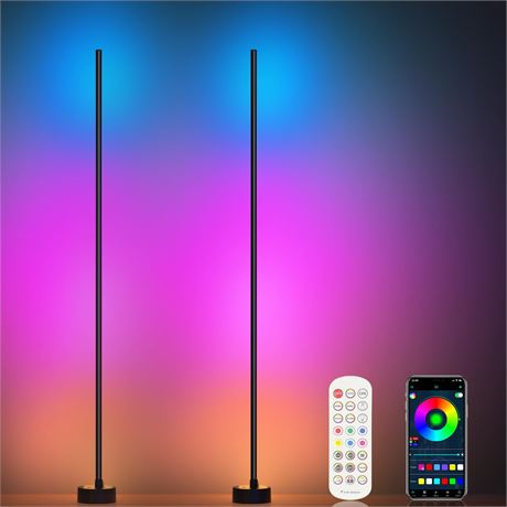 Miortior RGB LED Corner Floor Lamp, 2-Pack, App/Remote Control, 16M Colors