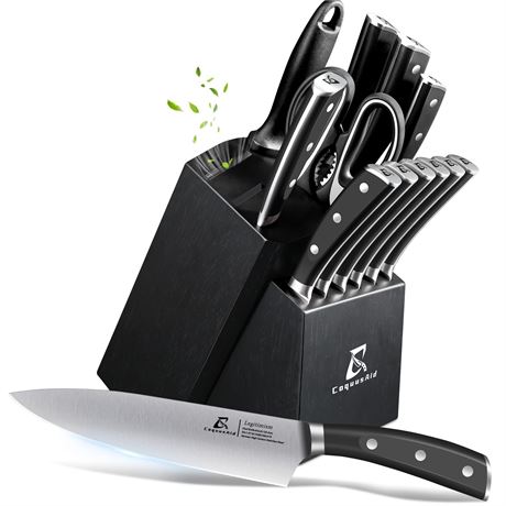 CoquusAid 15-Piece Kitchen Knife Set Wood Block