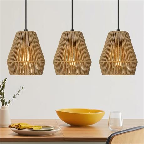 ELYONA 3-Pack Woven Pendant Lights 7in Boho Rattan Shade