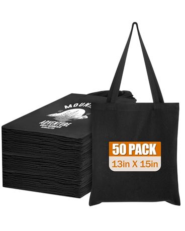 50 Pack Black Canvas Tote Bags 13x15 inches