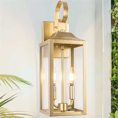 19" Gold Outdoor Wall Lantern 2-Light Modern Sconce Fixture