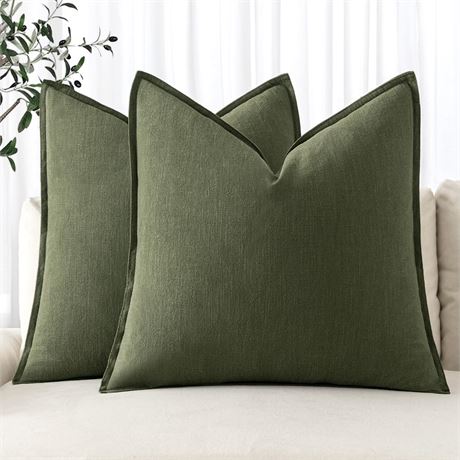 MIULEE Pack of 2 Linen Euro Sham Throw Pillow Covers 24x24 Dark Olive Green