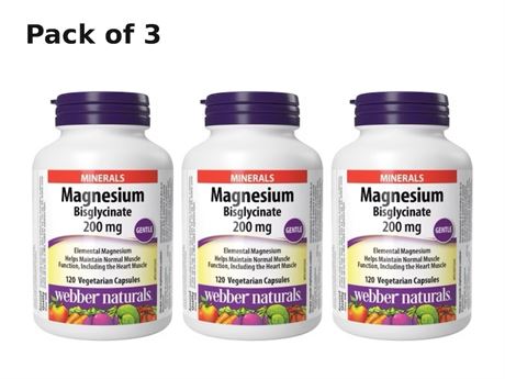 Webber Naturals Magnesium Bisglycinate 200 mg, 120 Capsules, Pack of 3