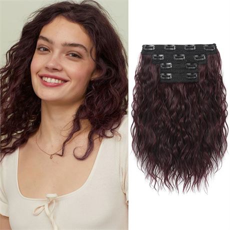 REECHO 4pc 12 in Clip-In Curly Wavy Hair Extensions, Dark Brown Highlights