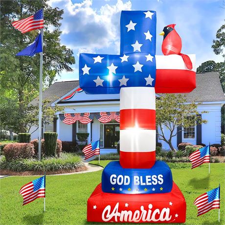 OurWarm 8FT 4th of July Inflatable Cross with Cardinal American Flag Built-in