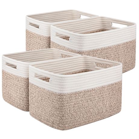 OIAHOMY 4 Pack Cotton Rope Storage Baskets, 13x9x7.8 In, Brown & White