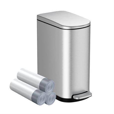 KSSKSS 2.6 Gallon Slim Trash Can Soft Close Lid Stainless Steel Silver