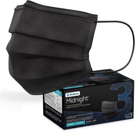 Medicom Midnight Procedure Earloop Masks - 3-Layer, Box of 50, Black