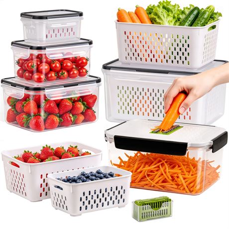 5 PCS Large Fruit storage Containers for Fridge with Colanders and Choppers