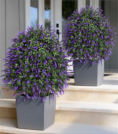 26" Artificial Boxwood Topiary Trees with Lavender Flowers 2 Pack Purple