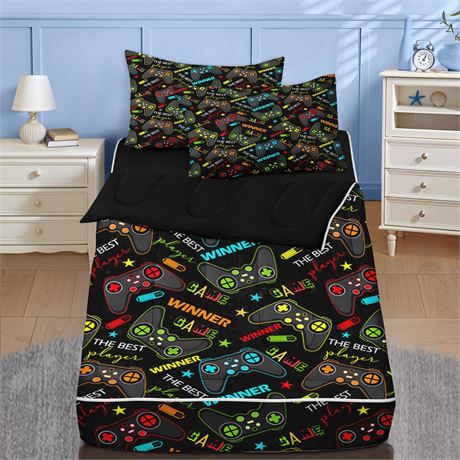 Nesker Zipper Bedding Set Full, Colorful Gamepad Design, 3 Pcs, Kids