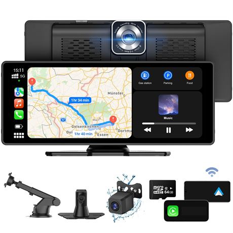 9.3'' Portable Apple Carplay & Android Auto Screen, 2.5K Dash Cam, Backup Cam