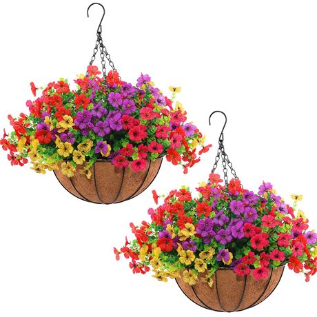Hananona 24 Pc Artificial Outdoor Flowers with Hanging Baskets, 2 Pack Planters