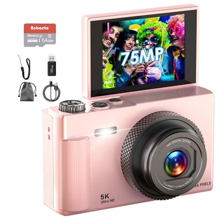 5K Digital Vlogging Camera, 75MP, 18X Zoom, for Kids & Beginners