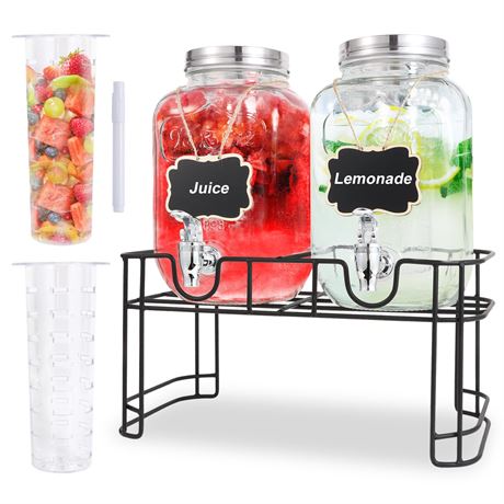 Drink Dispenser Set of 2, 3.8L with Spigot, Stand, Fruit Infuser