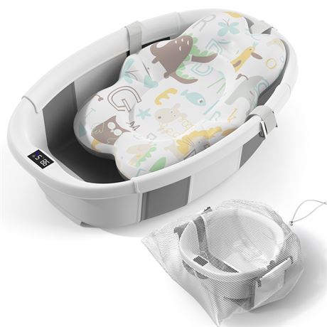 Collapsible Baby Bathtub Large Grey with Thermometer & Cushion 0-36M