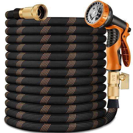 Flexible Garden Hose 100 FT 3/4" Brass Fittings 10 Function Sprayer Black Orange