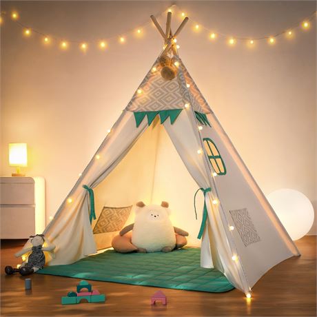 besrey Kids Teepee Tent, Indoor Play Tent with Stabilizer, Mat and Lights