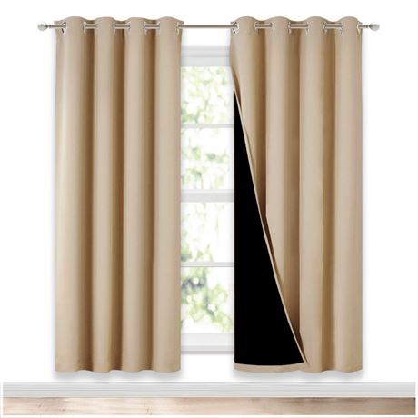 NICETOWN Black Lined Insulated Ring Top Curtains, 2 Panels, 52x72in Beige