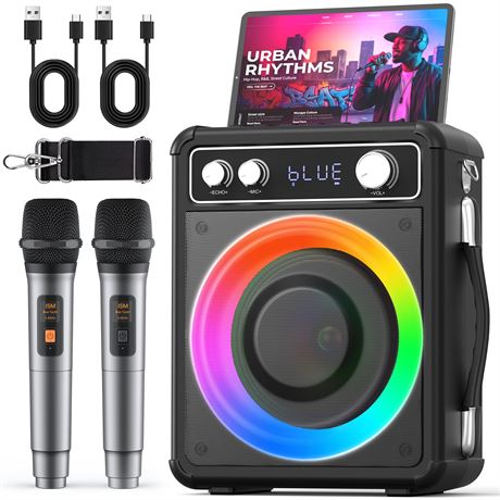 VOSOCO Karaoke Machine Portable Bluetooth Speaker 2 Wireless Microphones LED