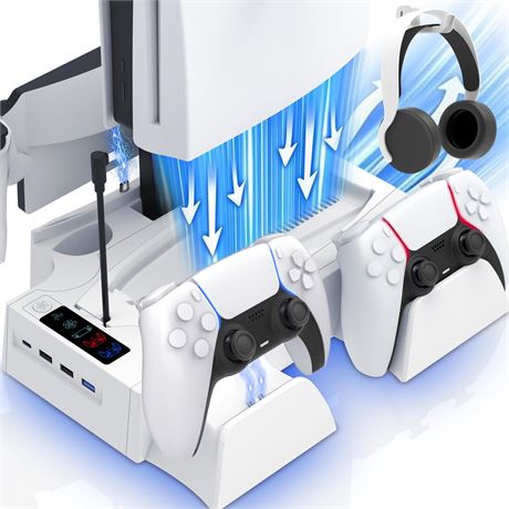 BRIBAT PS5 / PS5 Slim Cooling Station, Controller Charger, Headset Holder, 4 USB