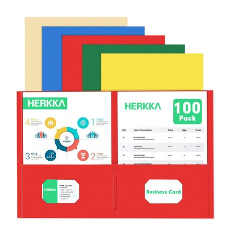 HERKKA 2 Pocket Folders, 100 Pack, Letter Size, Assorted 5 Colors