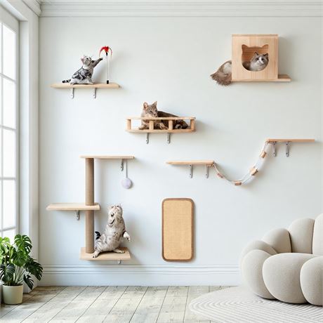 Coolsheepsia Cat Wall Shelves 6 in 1 Wooden Climbing Furniture Set with
