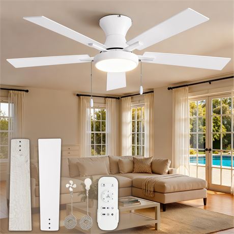 ZMISHIBO 52" Low Profile Ceiling Fan with Pull Chain Remote, White