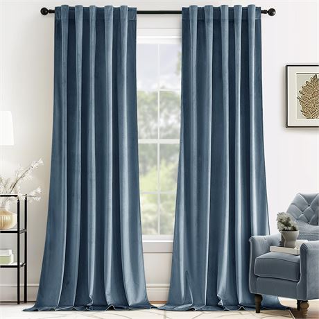 MIULEE Velvet Blackout Curtains, Back Tab, Stone Blue, W52 x L96 Inch