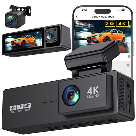 4K 3-Channel Dash Cam, Front/Rear/Cabin, Night Vision, 64GB SD Card