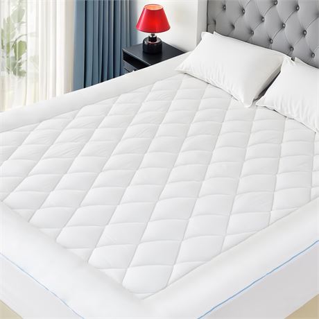 HOMTEC King Mattress Pad Cotton Quilted 18-22" Deep Pocket White Down
