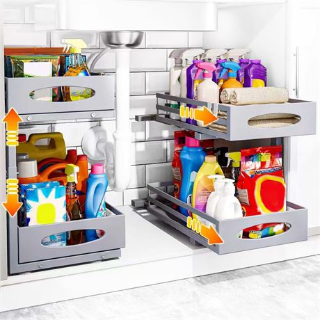 Under Sink Organizer 2-Tier Slide Out Cabinet Shelf Gray 2-Pack