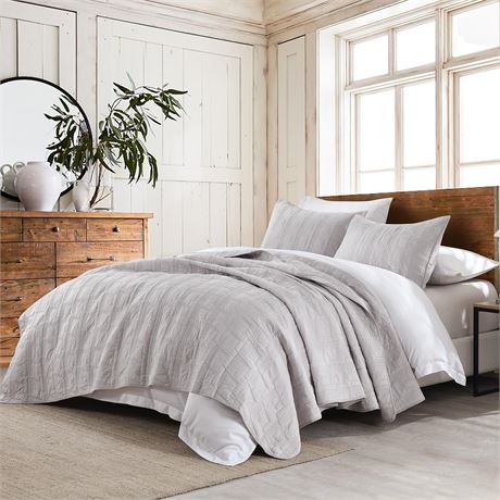 HORIMOTE HOME 100% Cotton Quilt Set Queen Light Grey with 2 Shams