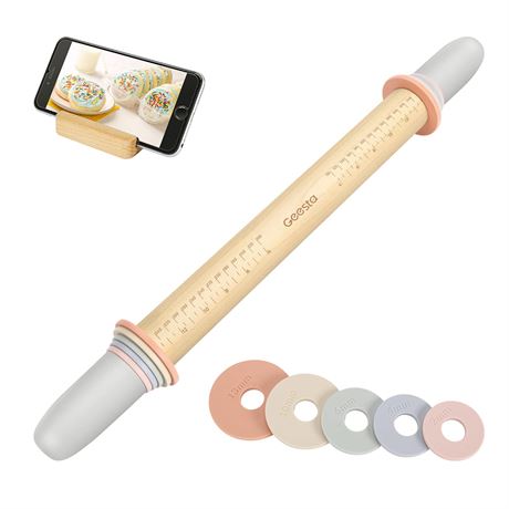 Geesta Adjustable Wood Rolling Pin, 5 Thickness Rings