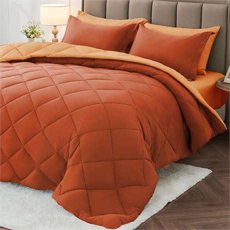 MUXHOMO 7 Piece Full Comforter Set Reversible Burnt Orange Camel