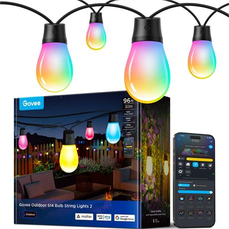 Govee S14 Bulb Outdoor String Lights 2, 96ft RGBIC, IP66, 30 LED Bulbs