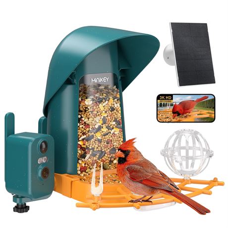 Minikey Smart Bird Feeder with Camera, 4MP, AI Identifies 11000+ Species, 2L