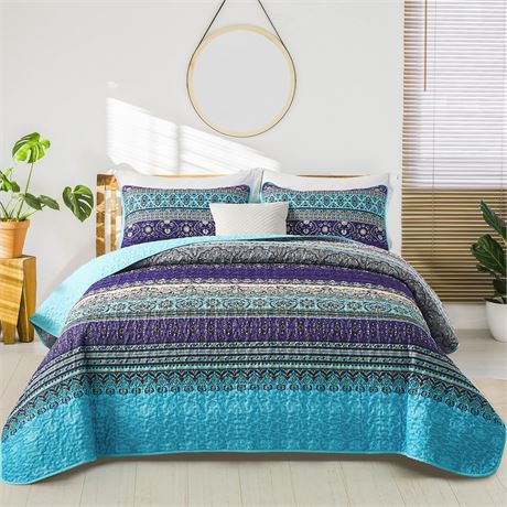 WONGS BEDDING Boho King Quilt Bedding Set, 3 Pieces Soft Bedspread,Blue