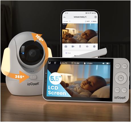 ieGeek 2.5K Baby Monitor with RGB Light,4000mah Battery,5.5"No Wifi Display