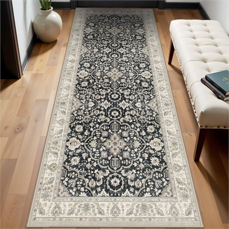 Washable Runner Rug 3x8 Non Slip Black Beige Farmhouse