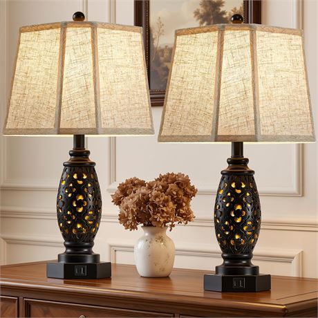 Table Lamps Set of 2 23.5" Black Resin Bedside Lamp USB A+C Nightlight