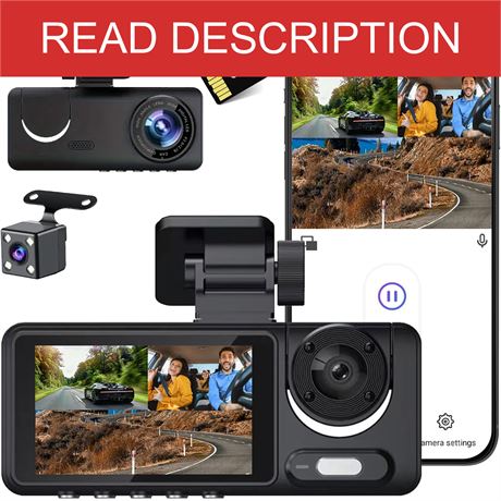 QNY 3-Channel Dash Cam, Front, Rear and Interior, FHD, Free 64G SD Card