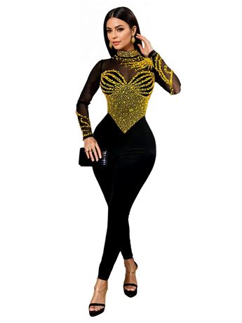 Rhinestone Embellished Jumpsuit Gold XXL