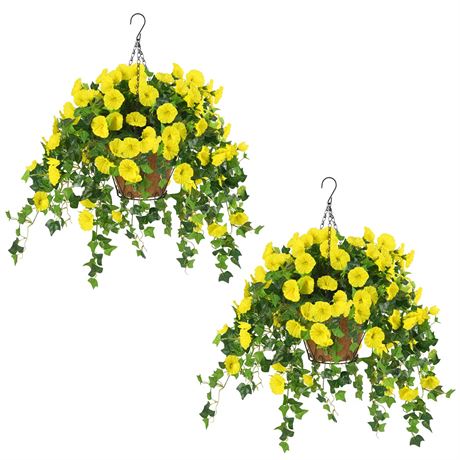 Waipfaru 2 Pack Artificial Hanging Baskets with Flowers, Yellow