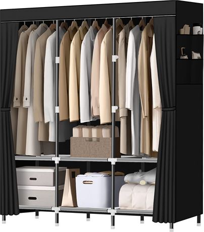 LOKEME Portable Closet Wardrobe, Steel Pipe 19mm, Black, 3 Hanging Rods, 6