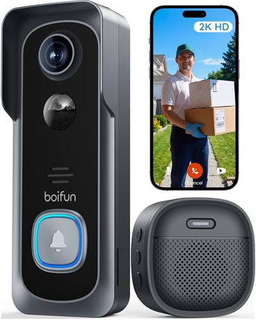 BOIFUN Video Doorbell Camera Wireless – No Subscription Required, 2K HD