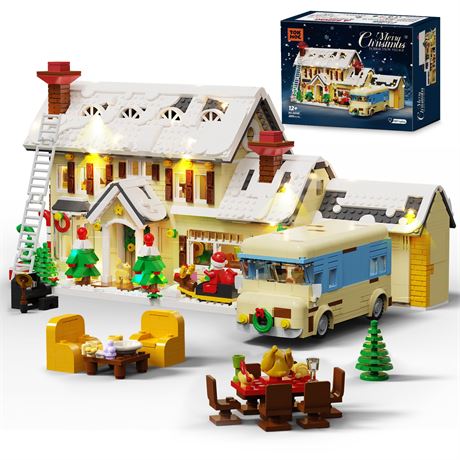 Christmas Village Building Blocks Set LED Lights 2098pcs Snow Cabin