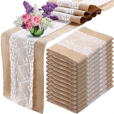 Chumia 12x108 Inch Burlap Table Runners with White Lace, Set of 12
