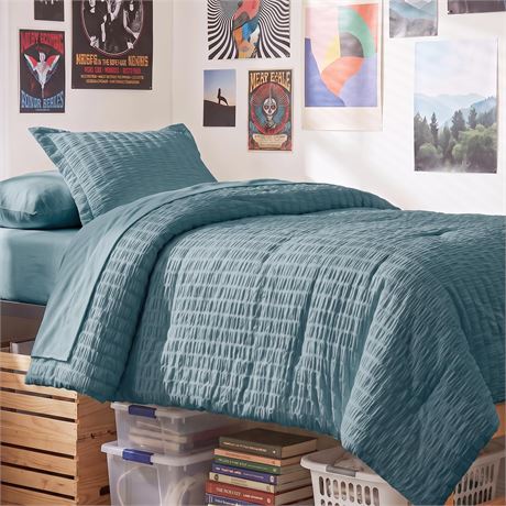 CozyLux Full Comforter Sets, 7 Pieces Mineral Blue Seersucker Bed in a Bag