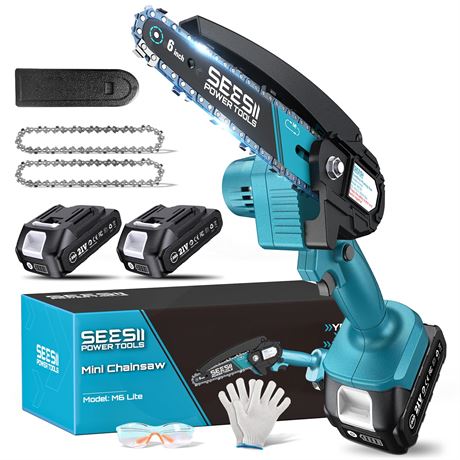 SEESII Mini Chainsaw 6 Inch 800W Cordless Electric with 2x 3000mAh Battery